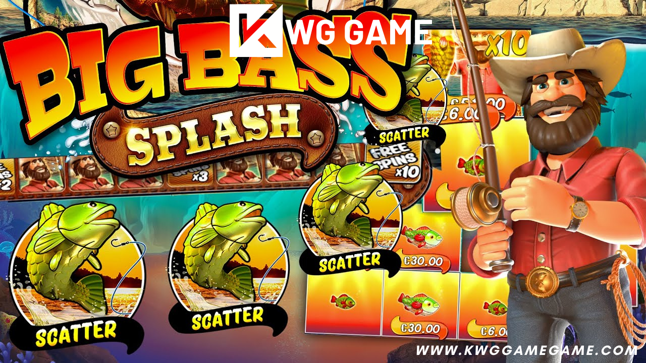 Big Bass Splash slot with fish, fishing rods, and wild symbols against an underwater backdrop